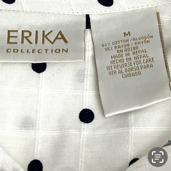 Erika Blouse Long Sleeve Collar Button White‎ Navy Polkadots Side Slits New - Picture 12 of 15